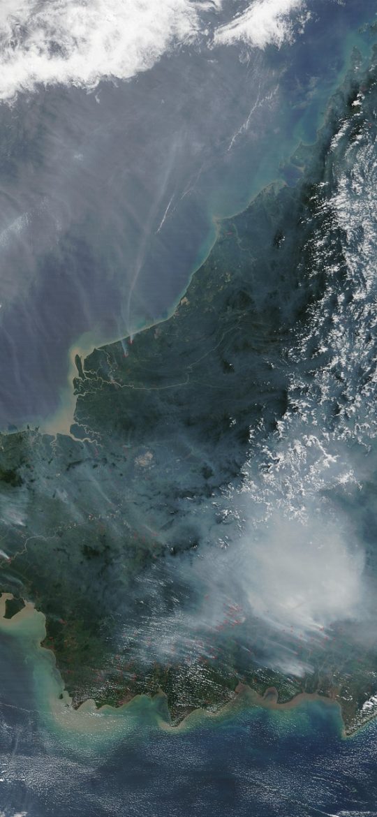 地球在线高清卫星地图 App 主界面截图，屏幕上是一片沿海城市的高清卫星影像，右下角浮着缩放按钮与图层切换控件，整体色调偏蓝绿